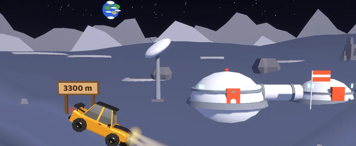 A yellow car driving past the Moon Base domes, with Earth in the black sky