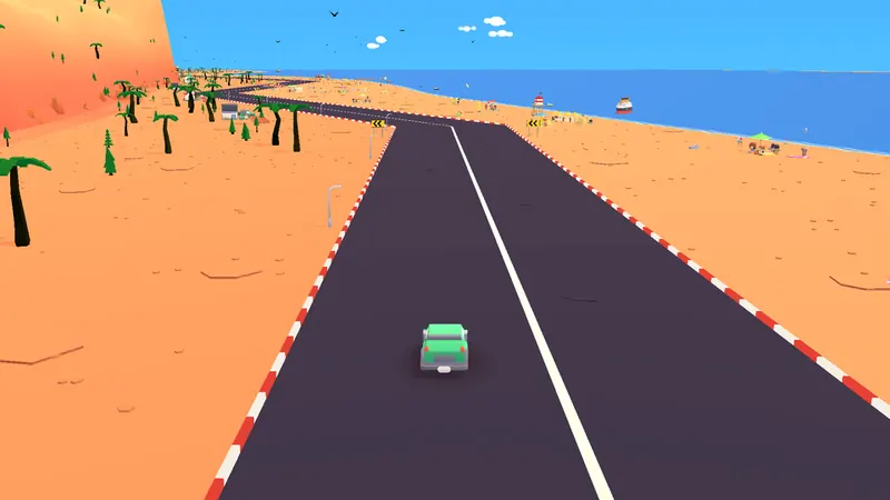 Cartoon cars racing along a sunny beach track